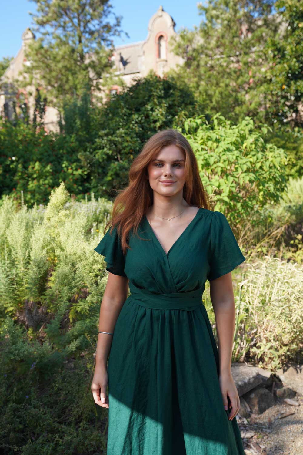 Phoebe Forest Green Dress - 100% Linen