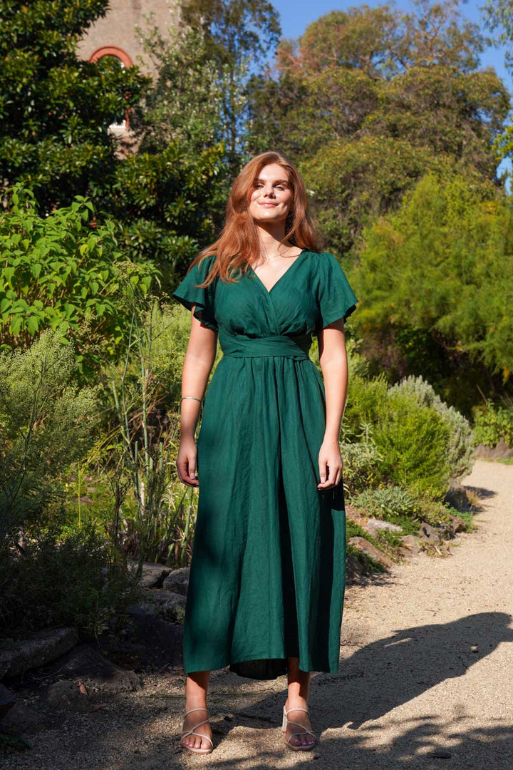Phoebe Forest Green Dress - 100% Linen