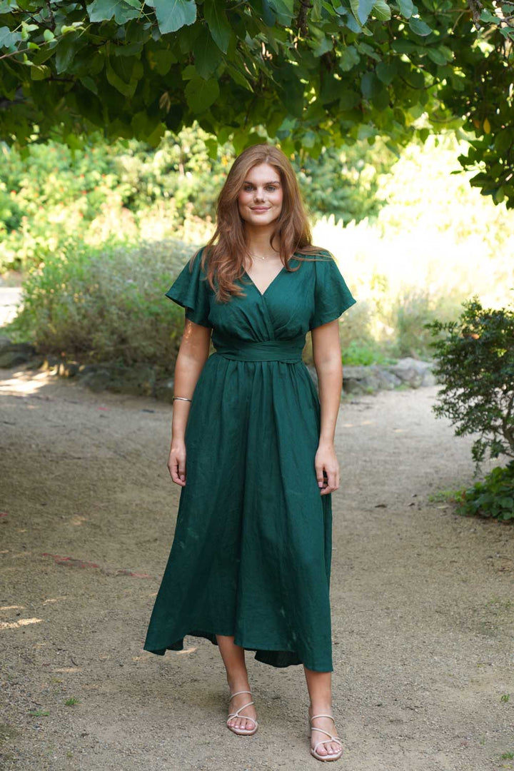 Phoebe Forest Green Dress - 100% Linen