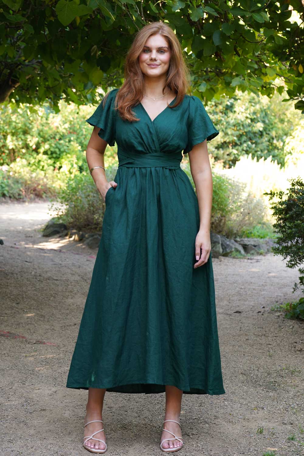 Phoebe Forest Green Dress - 100% Linen