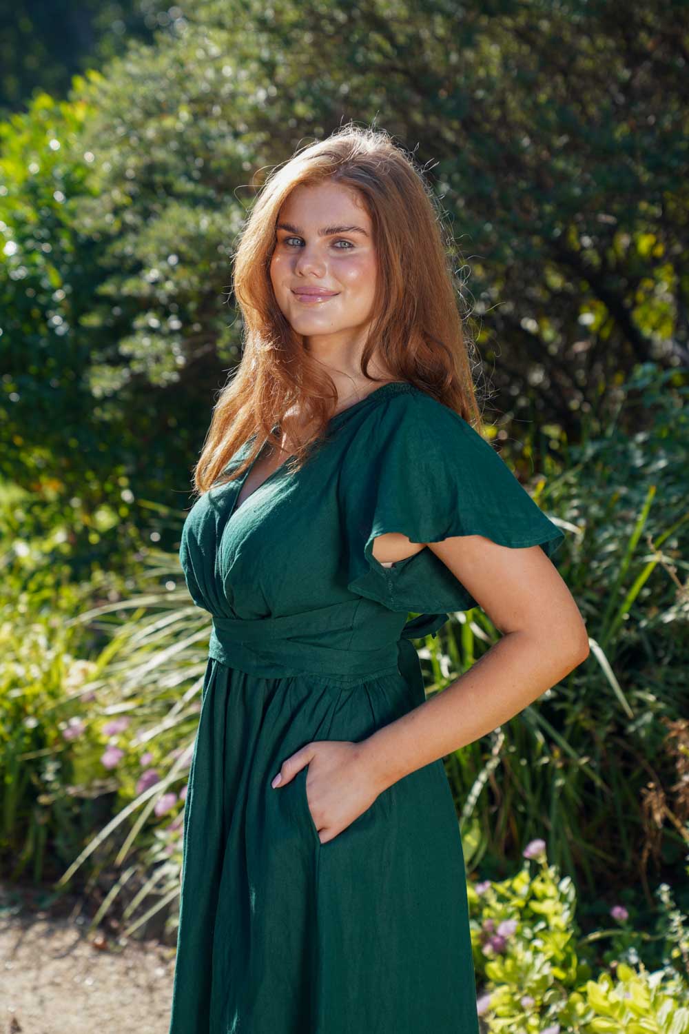 Phoebe Forest Green Dress - 100% Linen