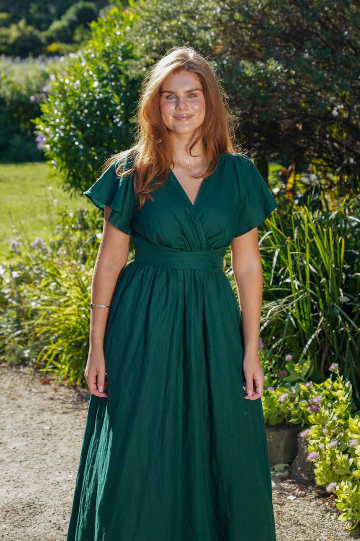 Phoebe Forest Green Dress - 100% Linen