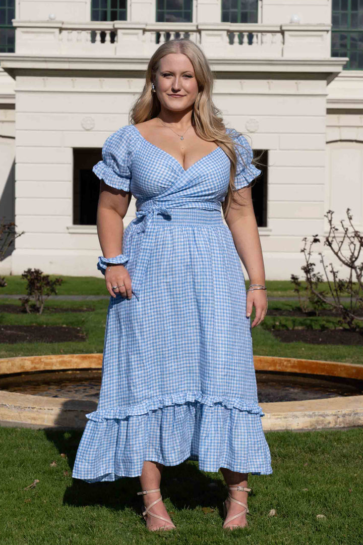 Marianne Blue Gingham Wrap Dress - 100% Linen