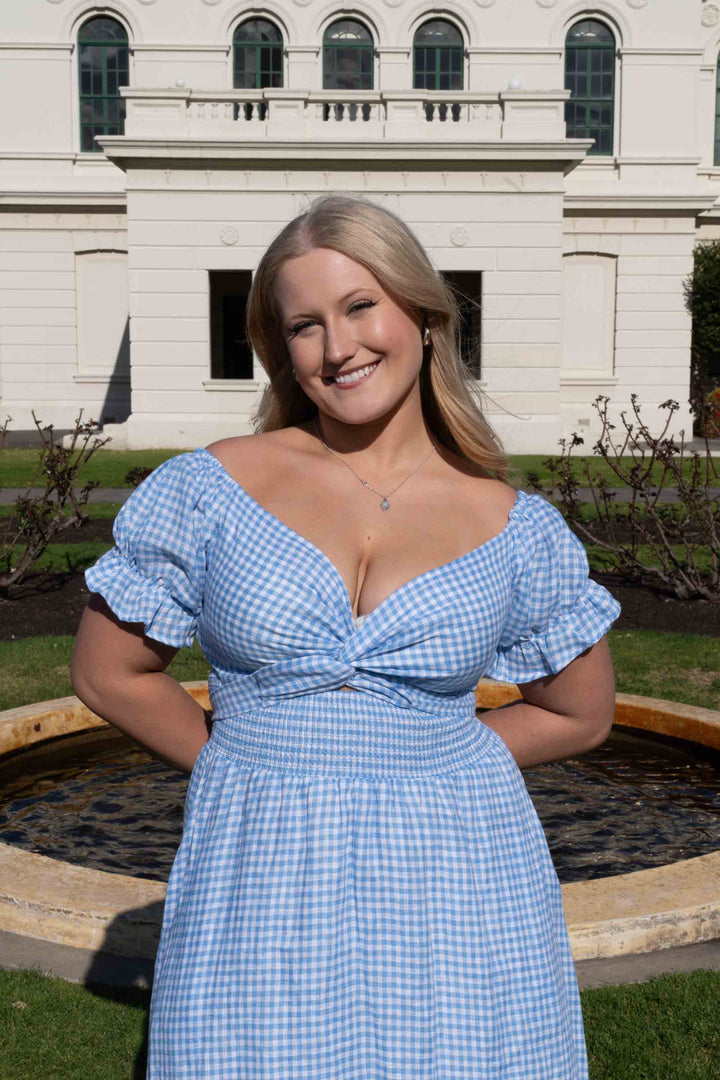 Marianne Blue Gingham Wrap Dress - 100% Linen