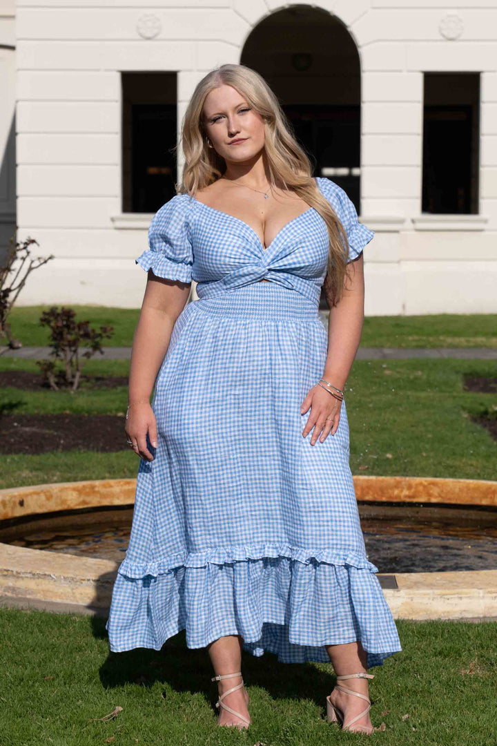 Marianne Blue Gingham Wrap Dress - 100% Linen