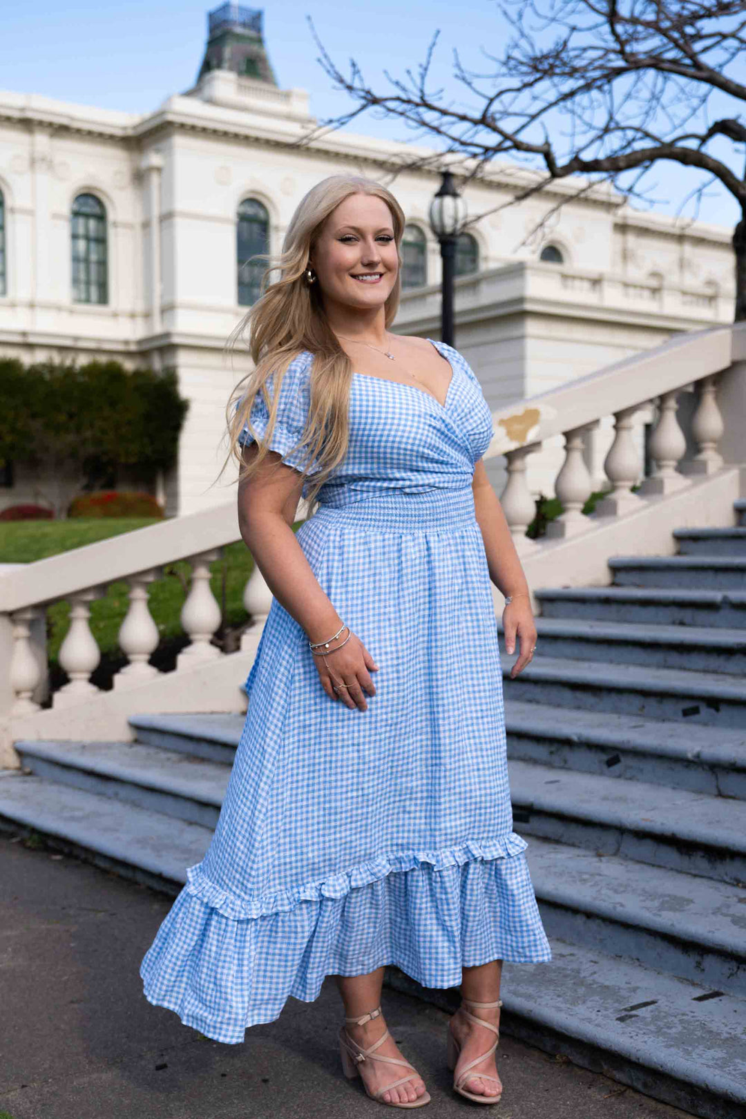 Marianne Blue Gingham Wrap Dress - 100% Linen