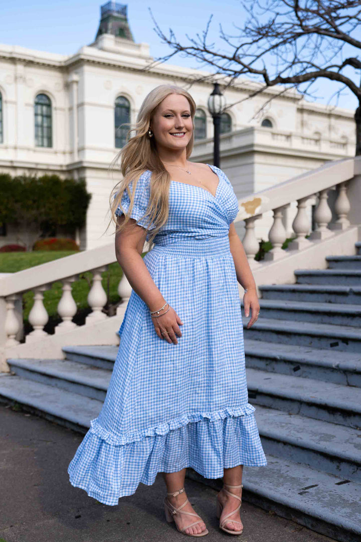 Marianne Blue Gingham Wrap Dress - 100% Linen