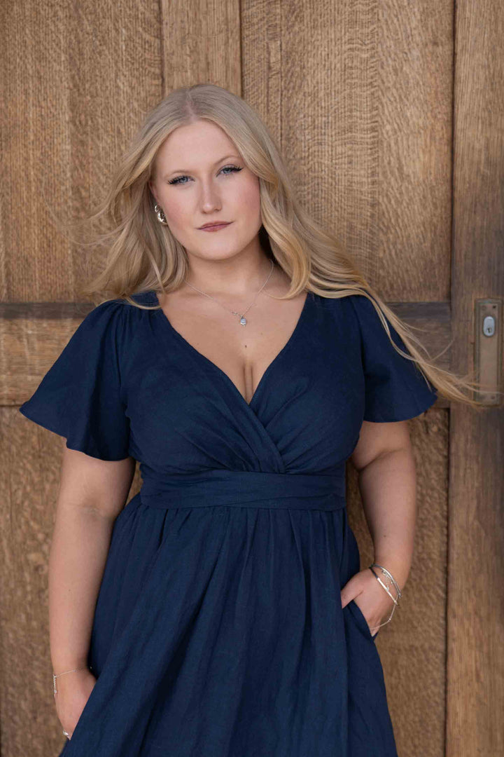 Phoebe Navy Dress - 100% Linen