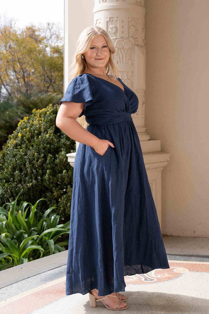 Phoebe Navy Dress - 100% Linen