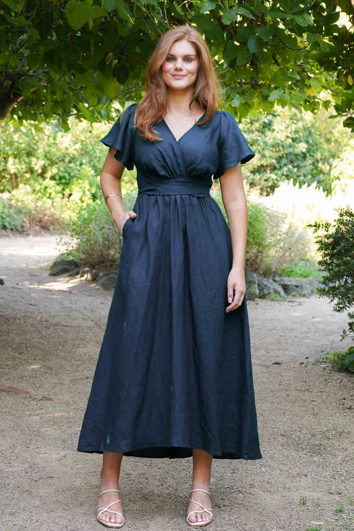 Phoebe Navy Dress - 100% Linen