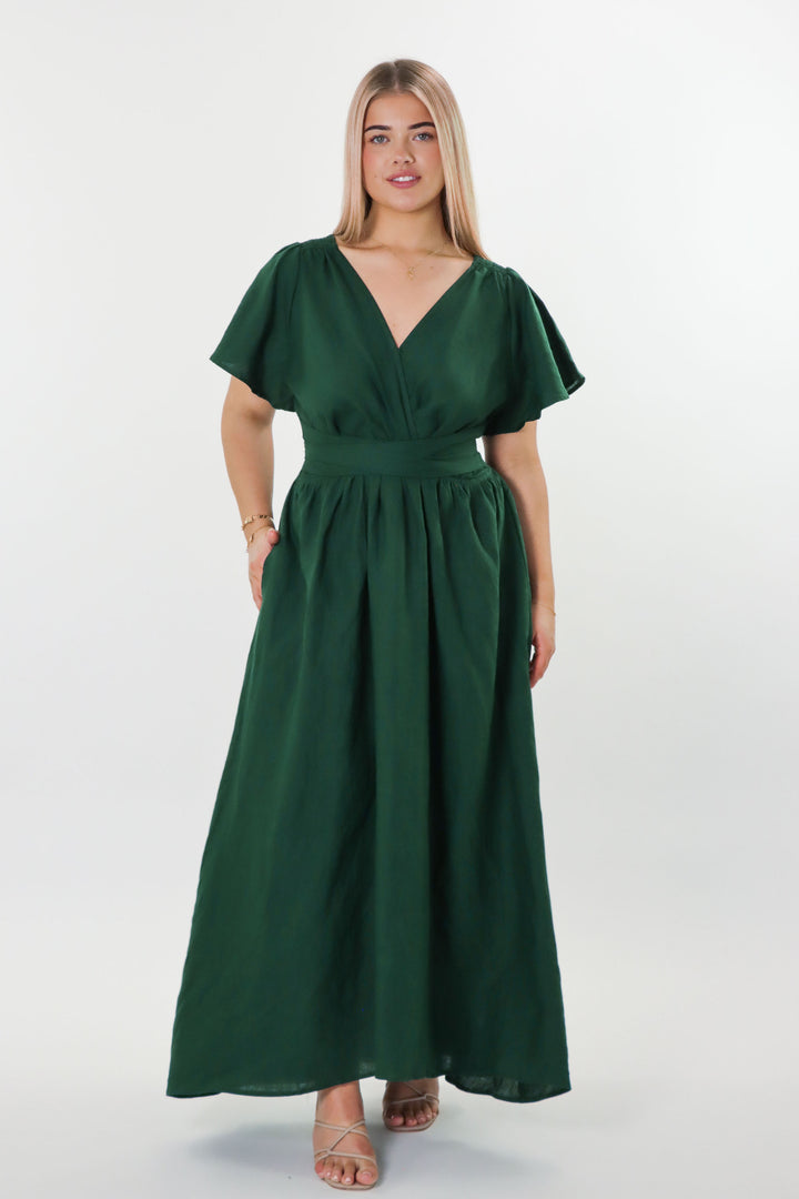 Phoebe Forest Green Dress - 100% Linen